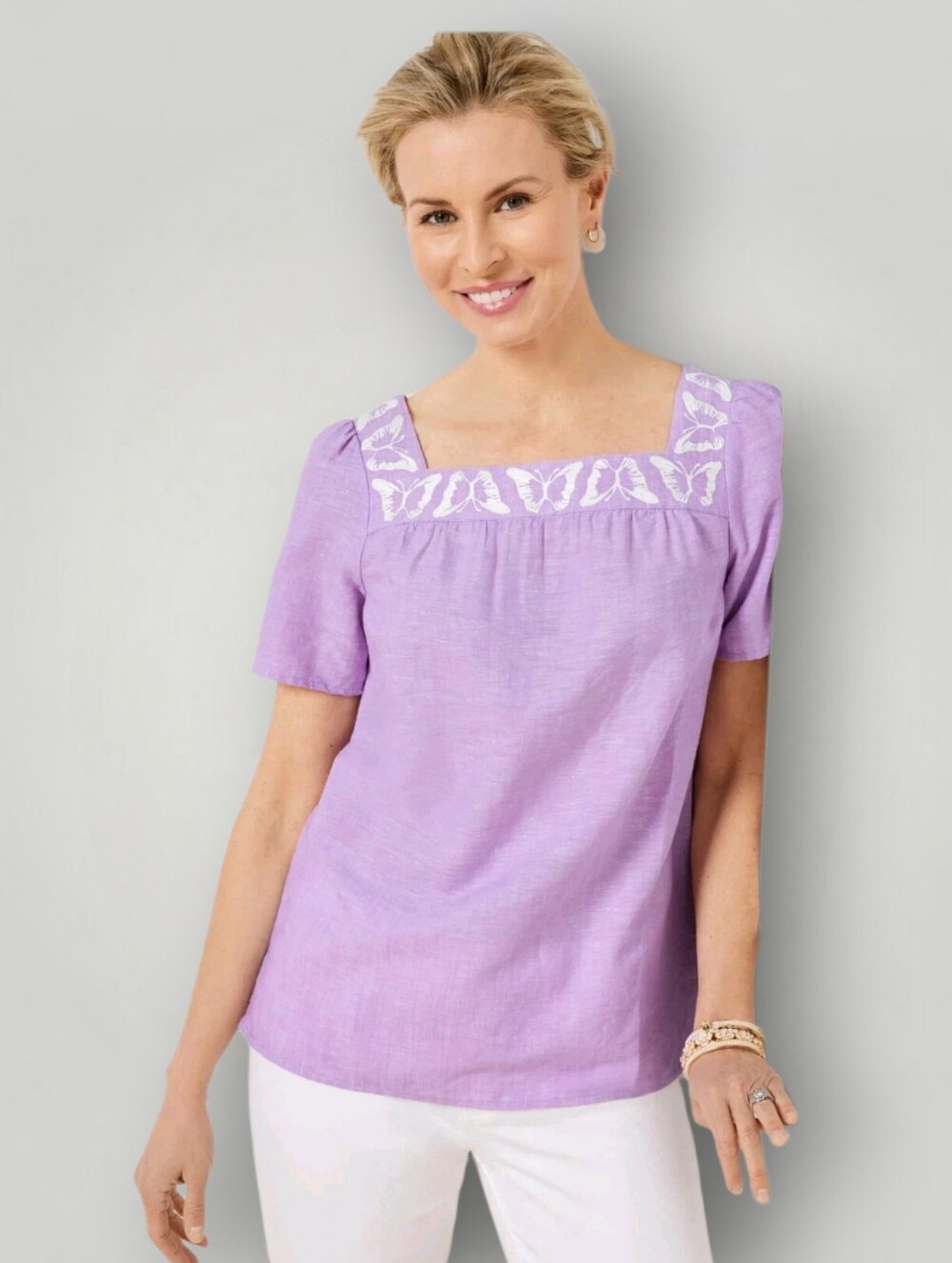 Talbots Butterfly Embroidered Linen Cotton Square Neck Top Lilac Medium